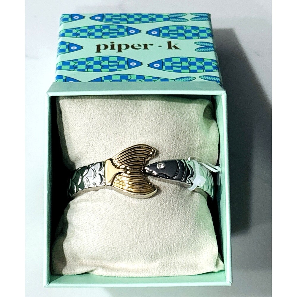 Piper K Fish Hinged Bangle Cuff Bracelet Two Tone Nautical Crystal NEW